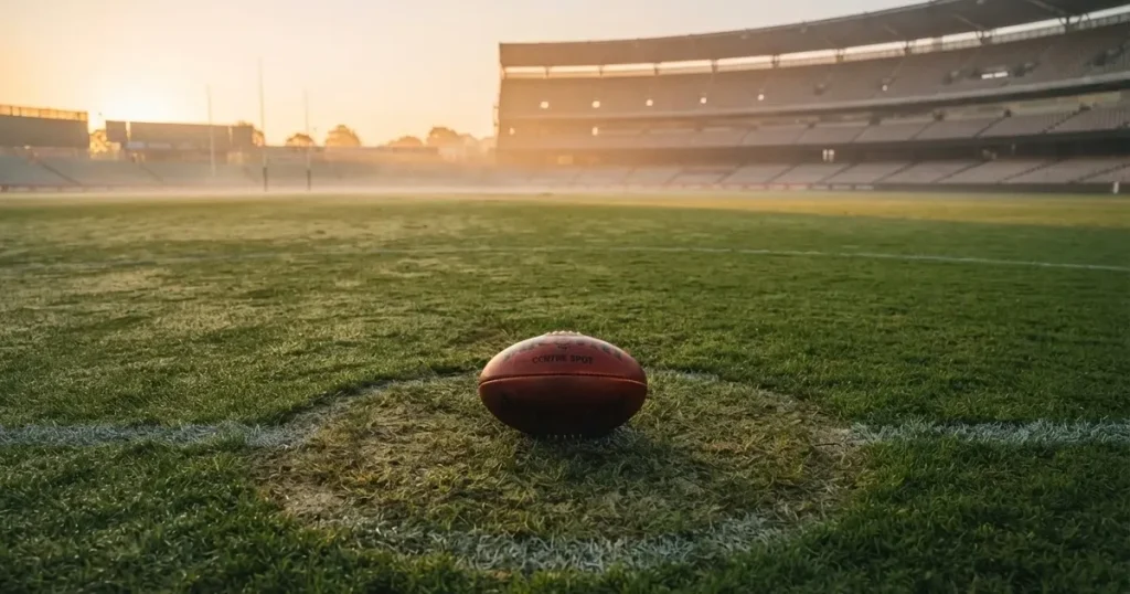 A ball on the centre spot of a grass pitch in morning light