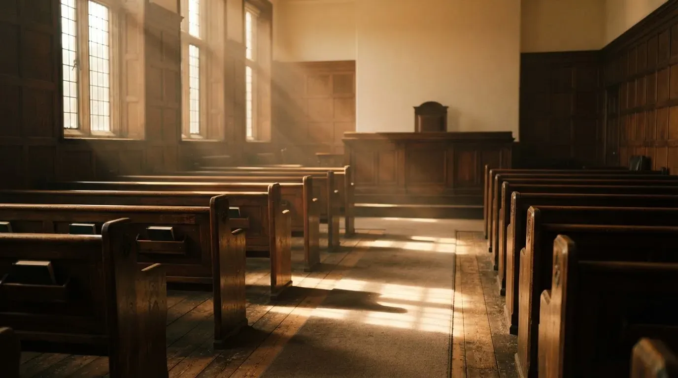 An empty courtroom with wooden benches in morning light