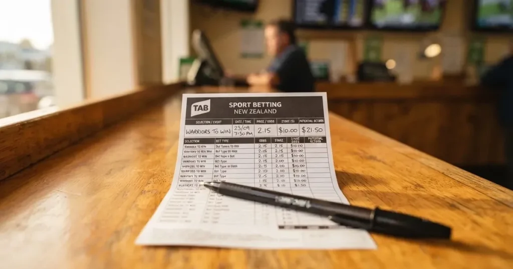 A blank paper betting slip beside a pen on a wooden counter