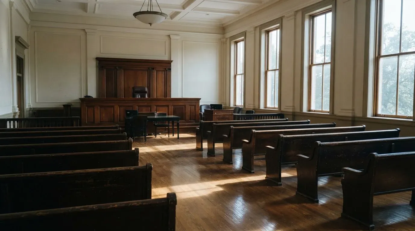 An empty courtroom with wooden benches in morning light