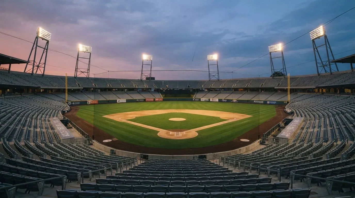 An empty football stadium with floodlight masts at dusk