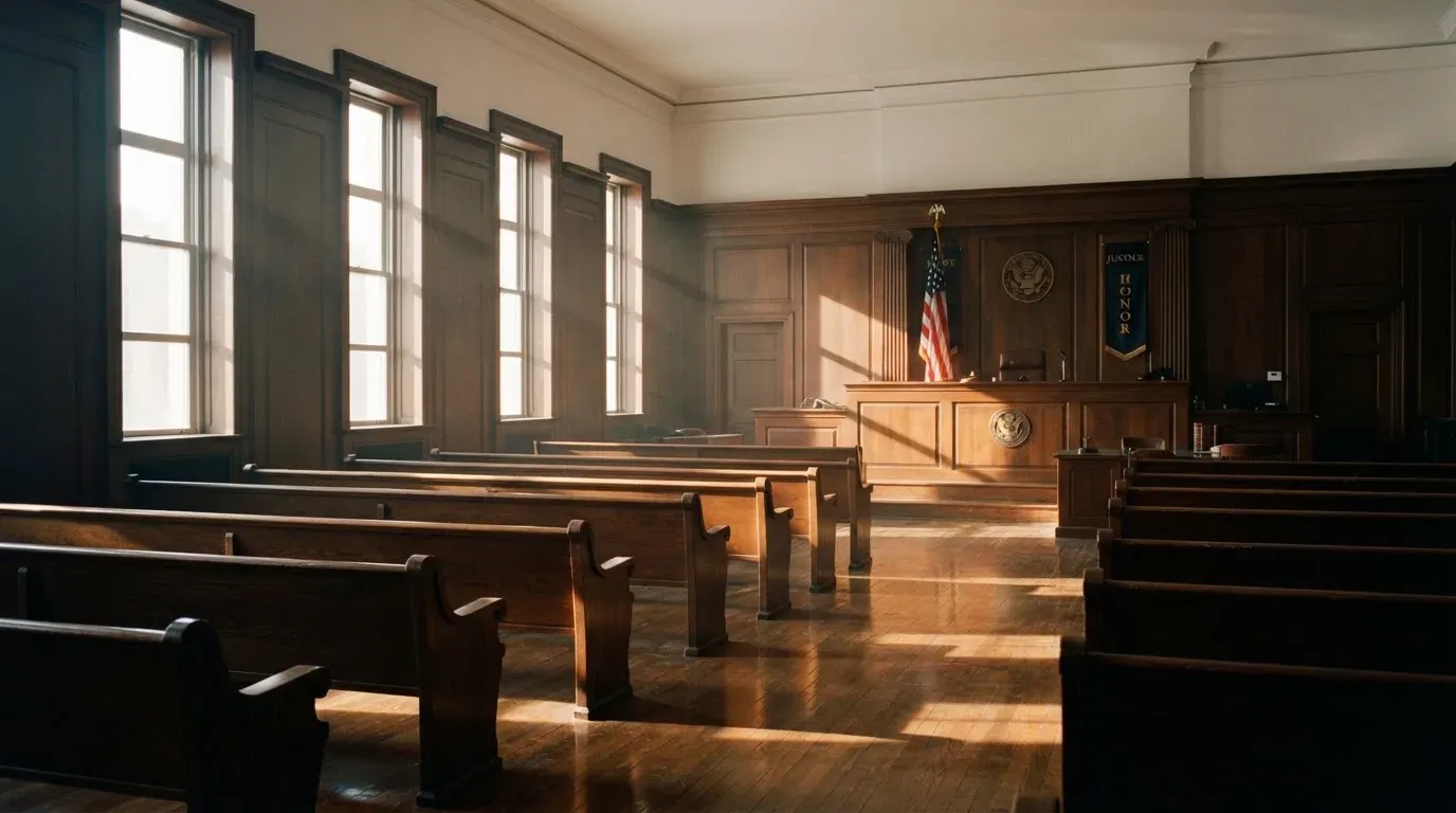 An empty courtroom with wooden benches in morning light