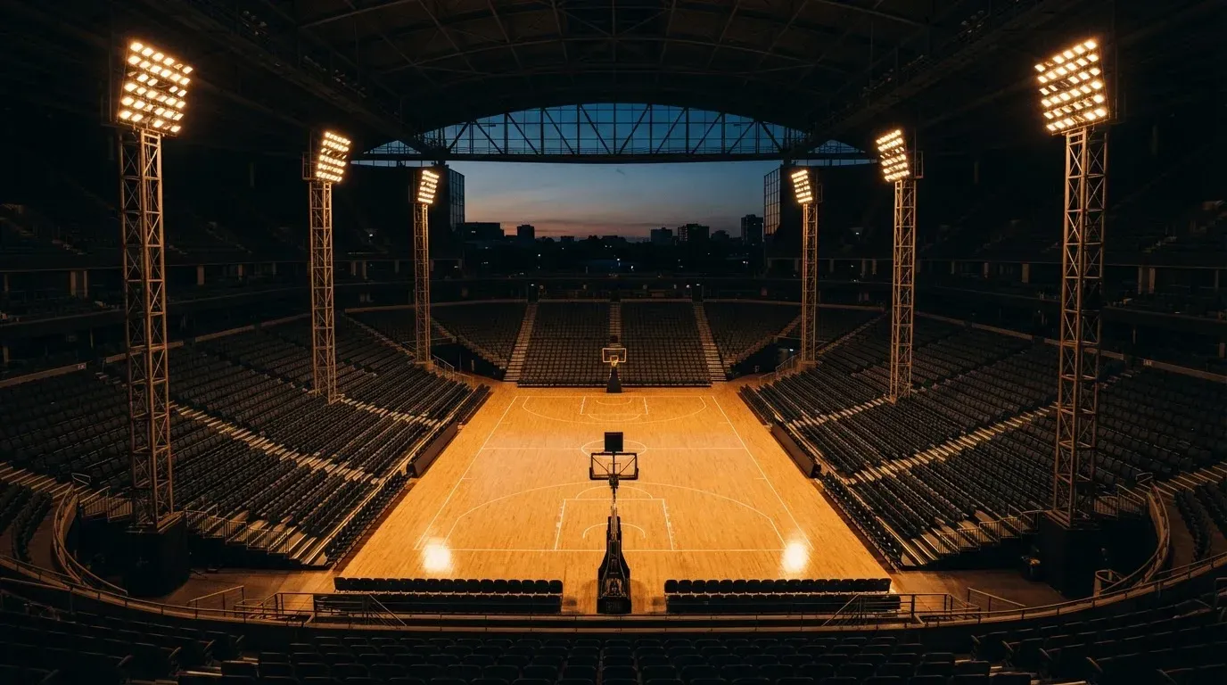 An empty football stadium with floodlight masts at dusk