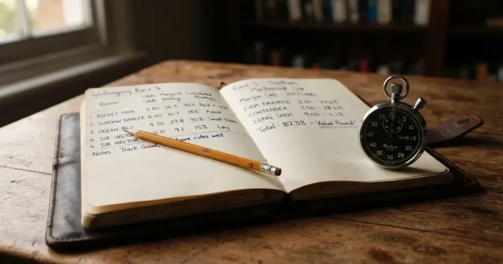 An open notebook with a pencil and a stopwatch on a wooden table