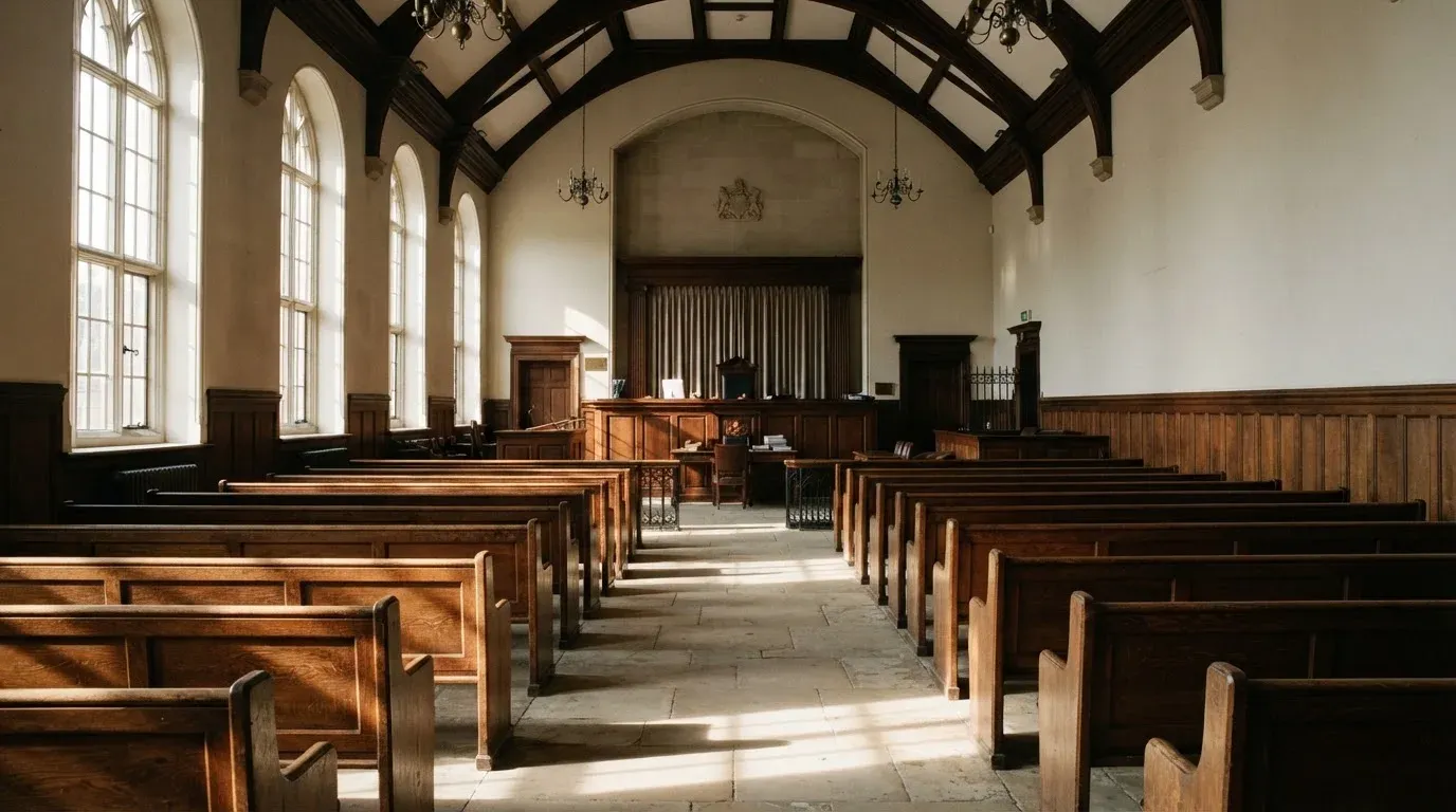 An empty courtroom with wooden benches in morning light