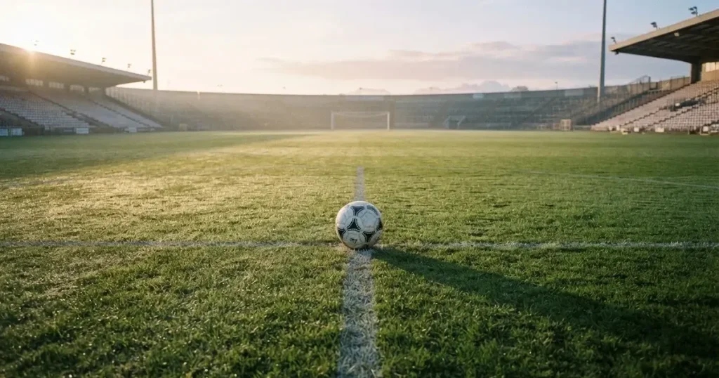 A ball on the centre spot of a grass pitch in morning light