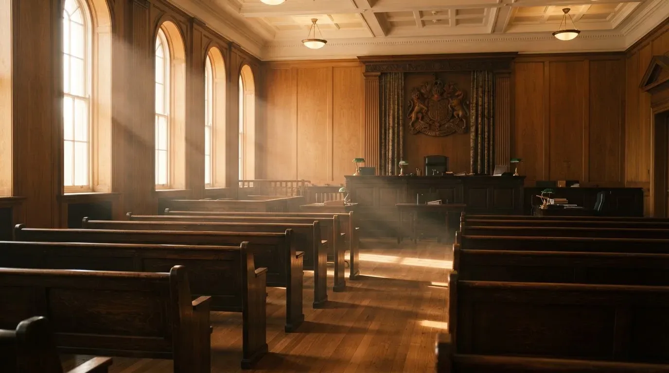 An empty courtroom with wooden benches in morning light