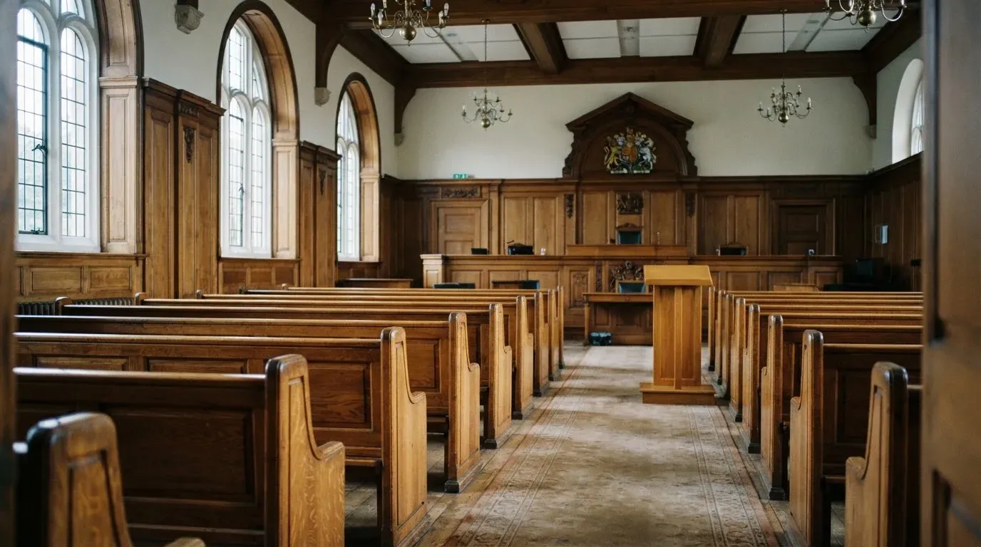 An empty courtroom with wooden benches in morning light