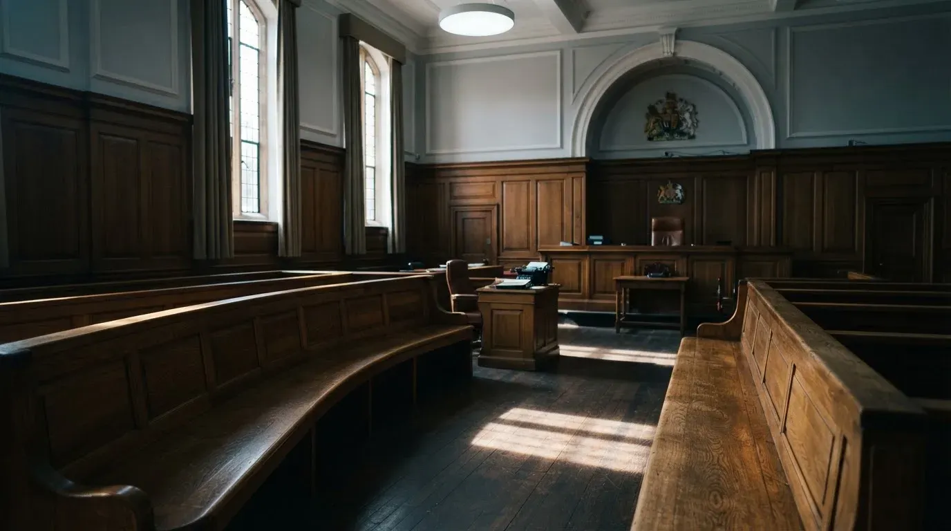 An empty courtroom with wooden benches in morning light