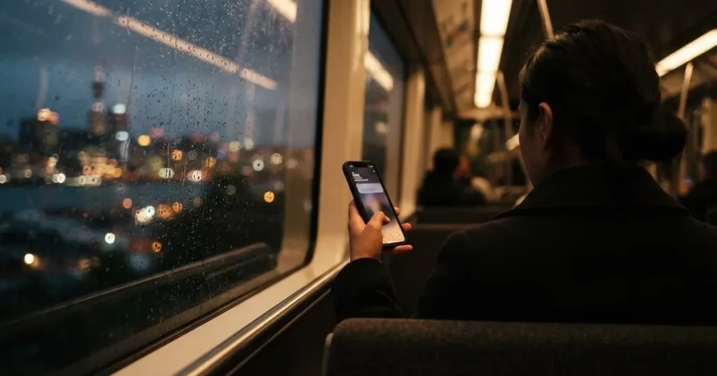 A hand holding a smartphone on a train in the evening, screen turned away
