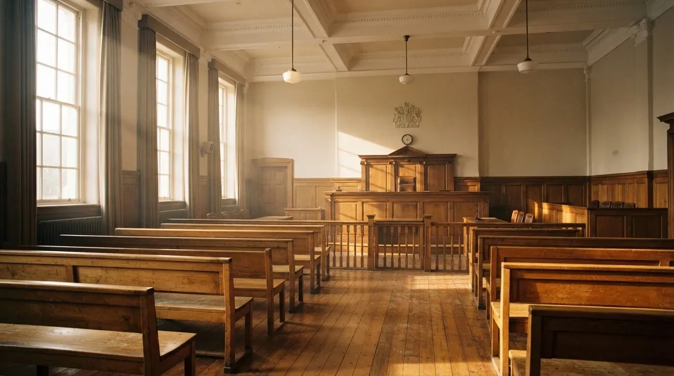 An empty courtroom with wooden benches in morning light