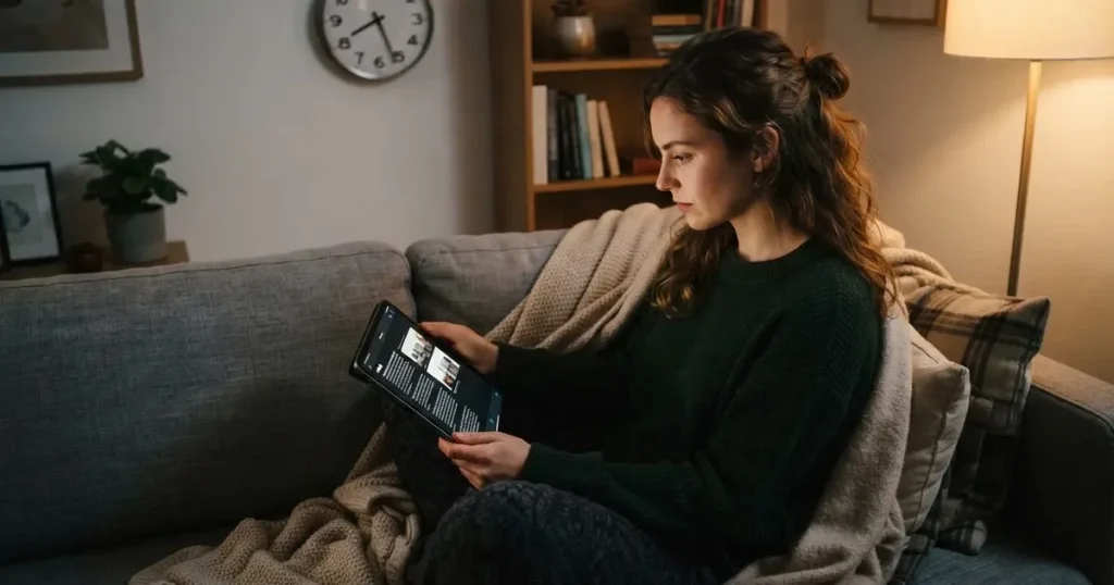 A person on a sofa looking thoughtfully at a tablet, a wall clock in the background