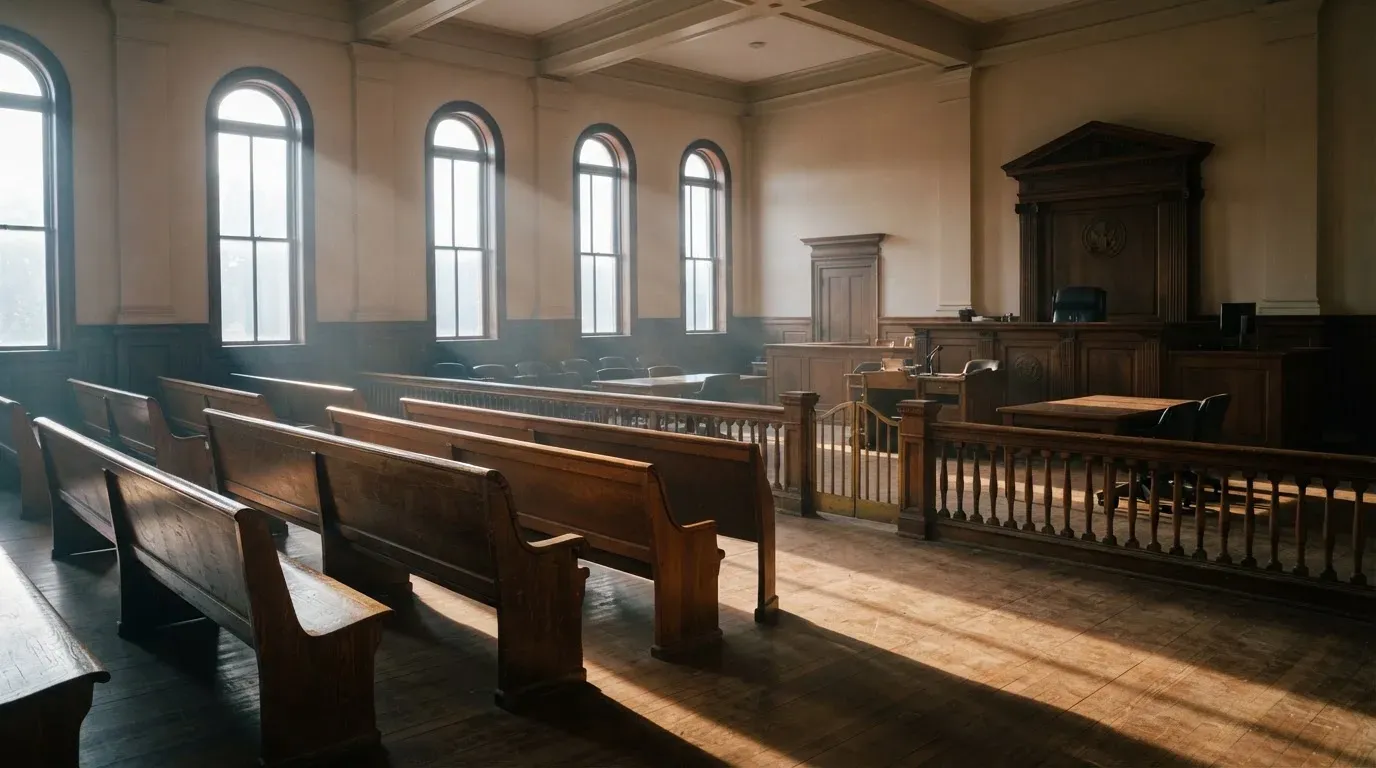 An empty courtroom with wooden benches in morning light