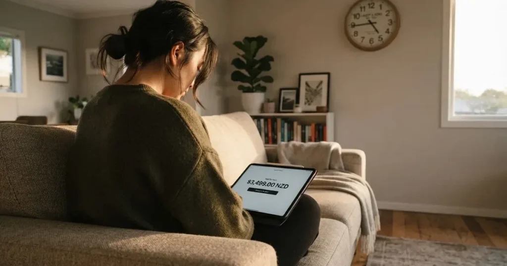 A person on a sofa looking thoughtfully at a tablet, a wall clock in the background