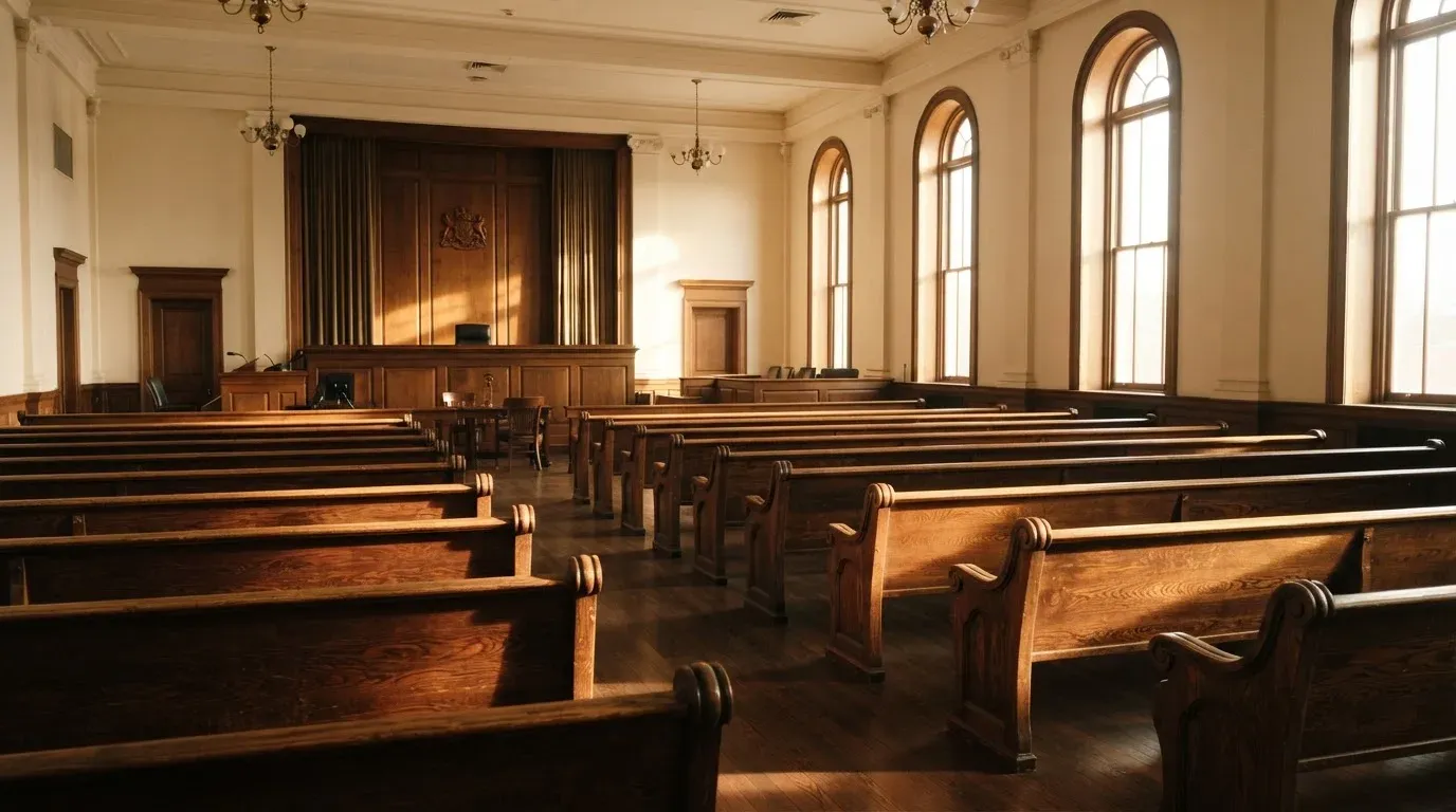An empty courtroom with wooden benches in morning light