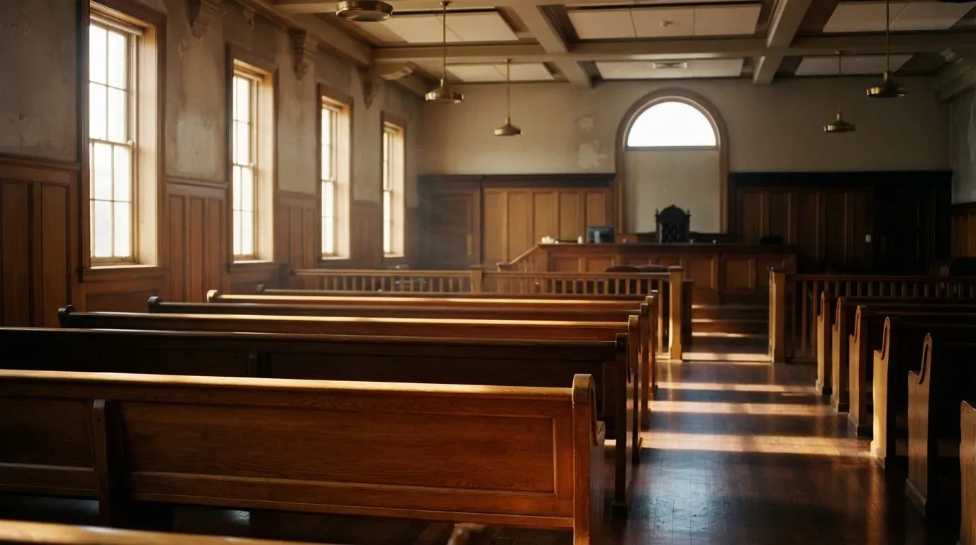 An empty courtroom with wooden benches in morning light