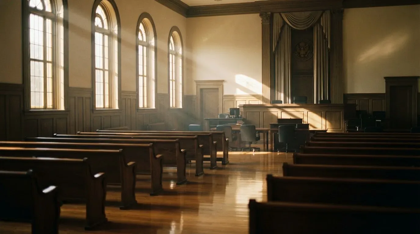 An empty courtroom with wooden benches in morning light