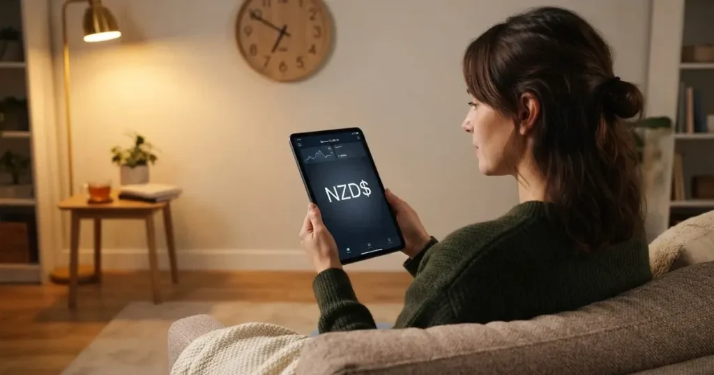 A person on a sofa looking thoughtfully at a tablet, a wall clock in the background