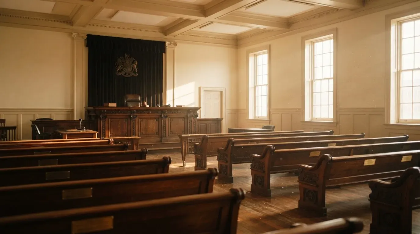 An empty courtroom with wooden benches in morning light