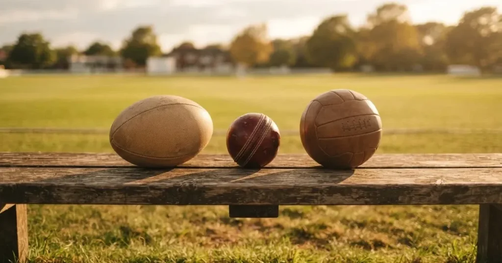 Three balls of different kinds side by side on a wooden bench