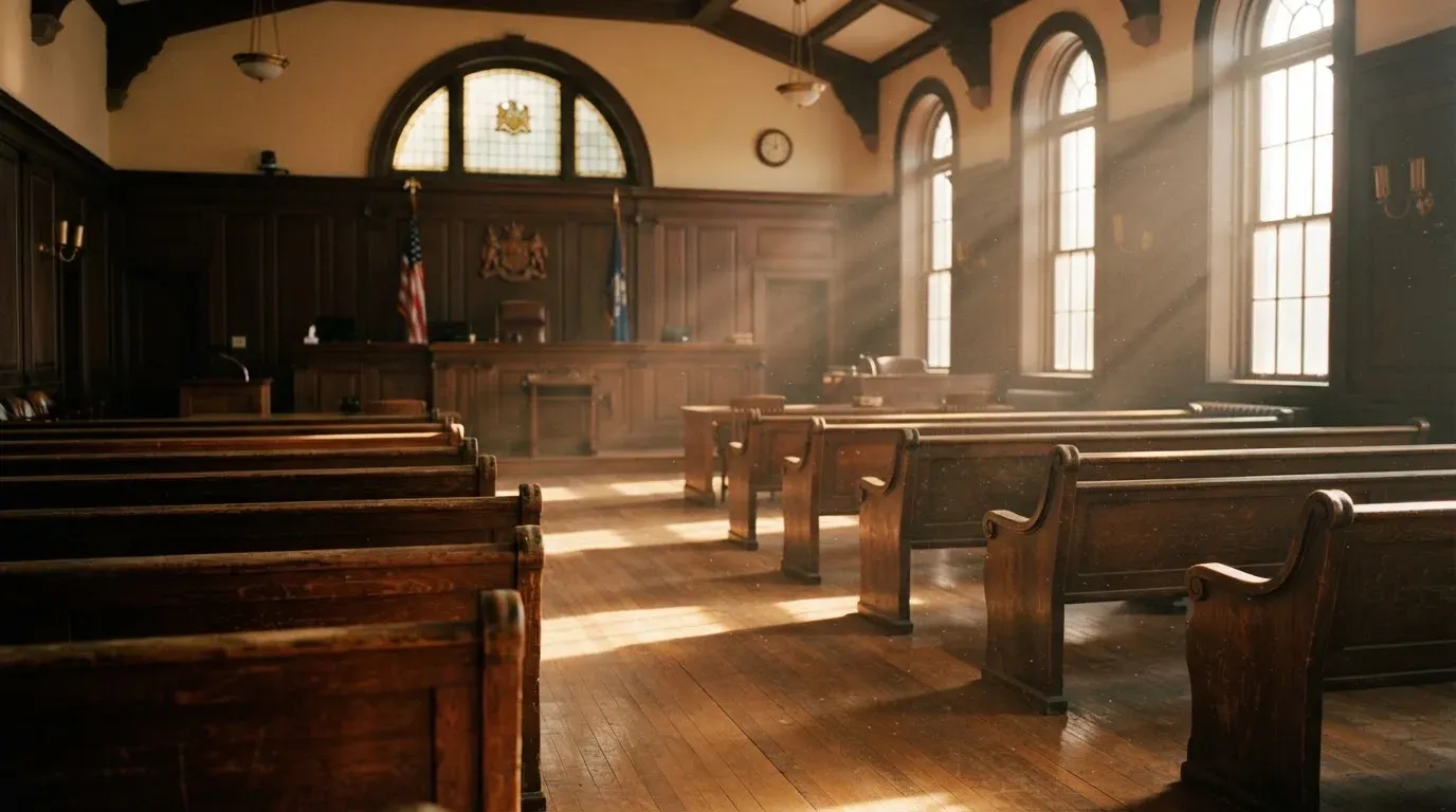 An empty courtroom with wooden benches in morning light
