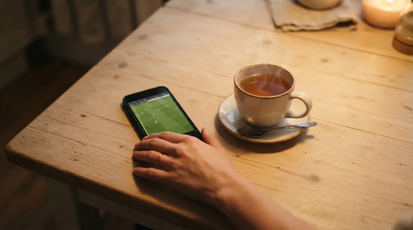 A hand setting a smartphone down beside a cup of tea on a kitchen table on a quiet evening