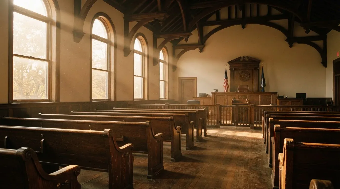An empty courtroom with wooden benches in morning light