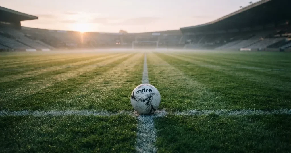 A ball on the centre spot of a grass pitch in morning light