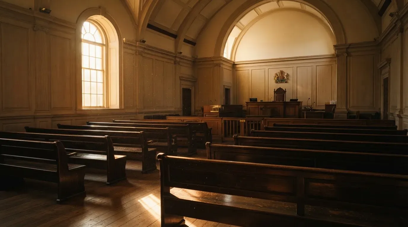 An empty courtroom with wooden benches in morning light