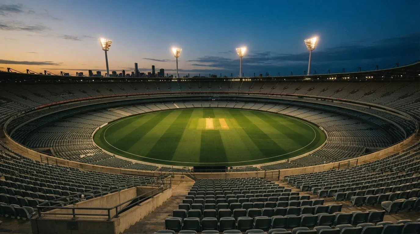 An empty football stadium with floodlight masts at dusk