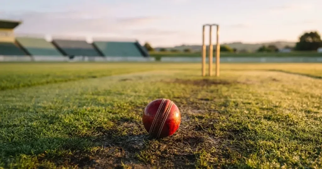 A ball on the centre spot of a grass pitch in morning light