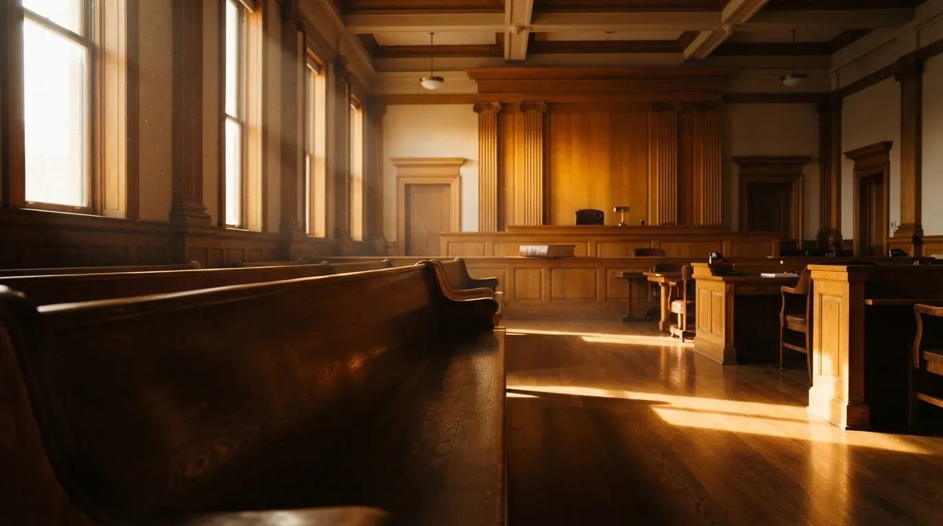 An empty courtroom with wooden benches in morning light