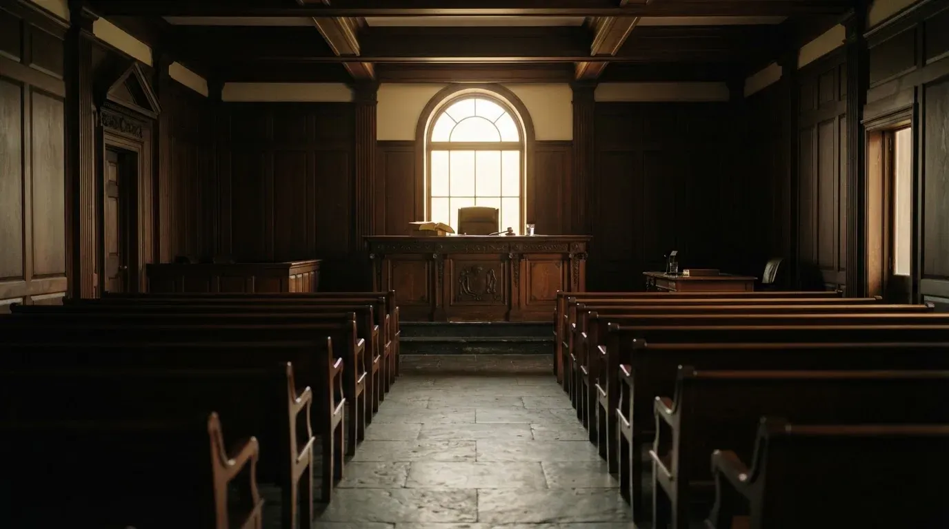 An empty courtroom with wooden benches in morning light