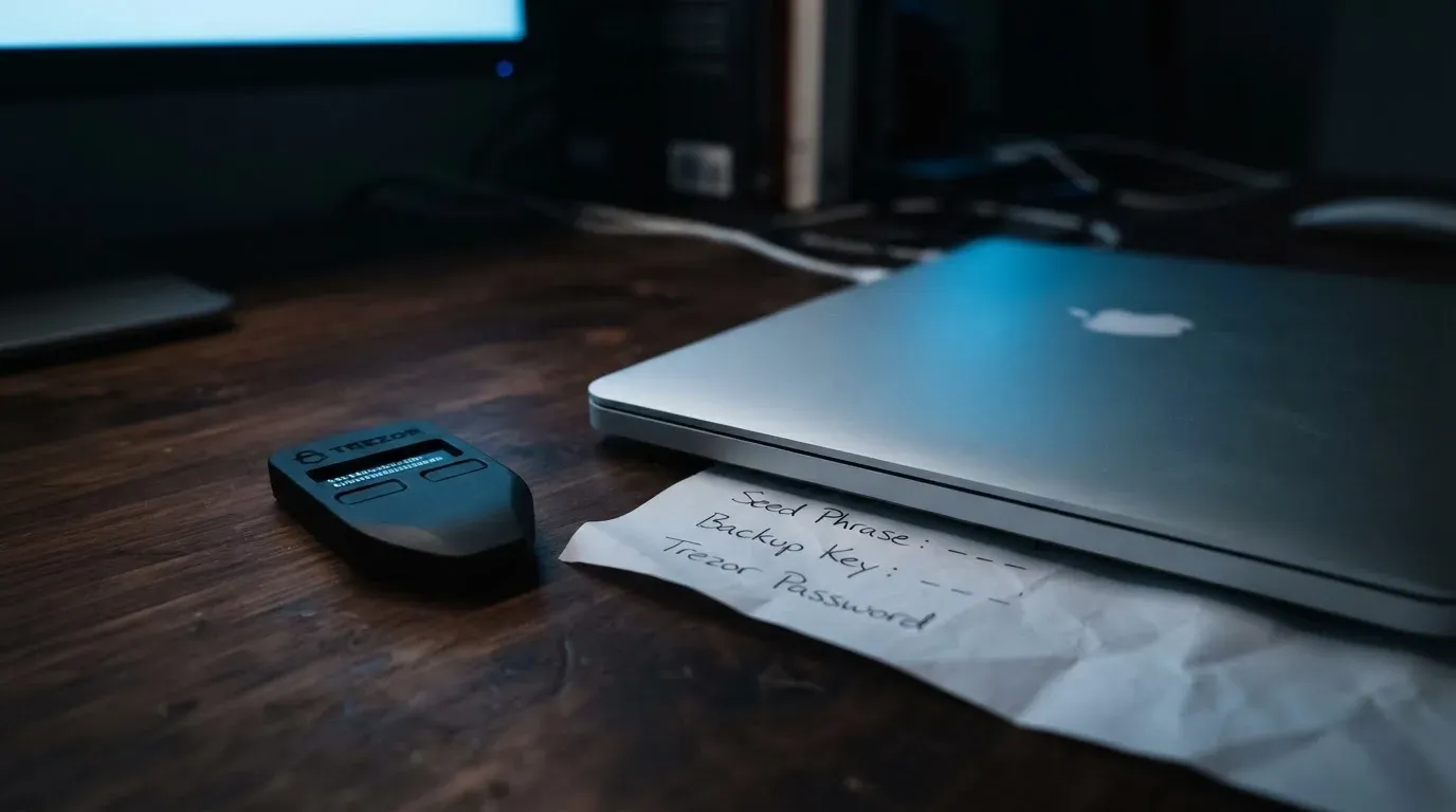 A hardware wallet and a closed laptop on a desk in dim light