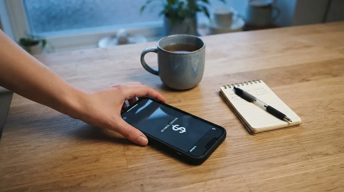 A hand setting a smartphone down beside a cup of tea on a kitchen table on a quiet evening