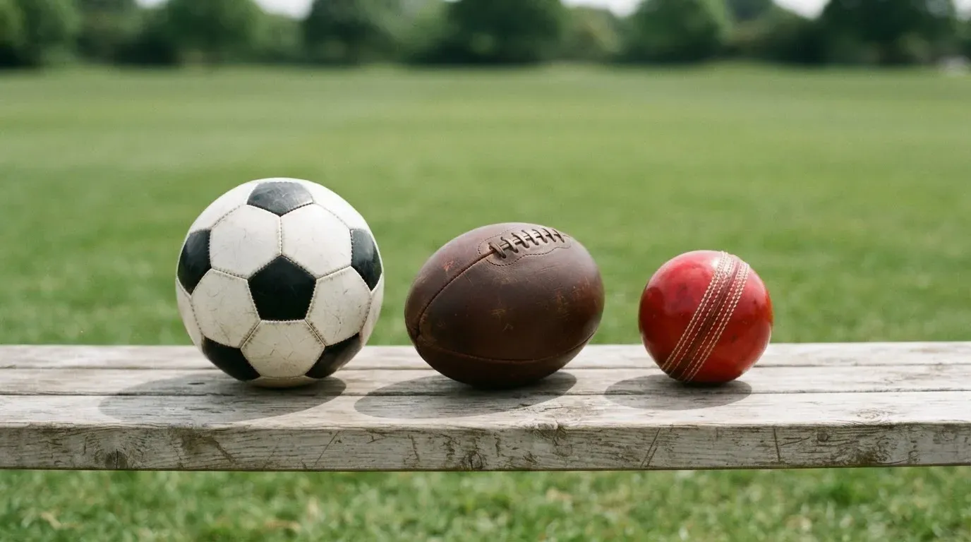 Three balls of different kinds side by side on a wooden bench