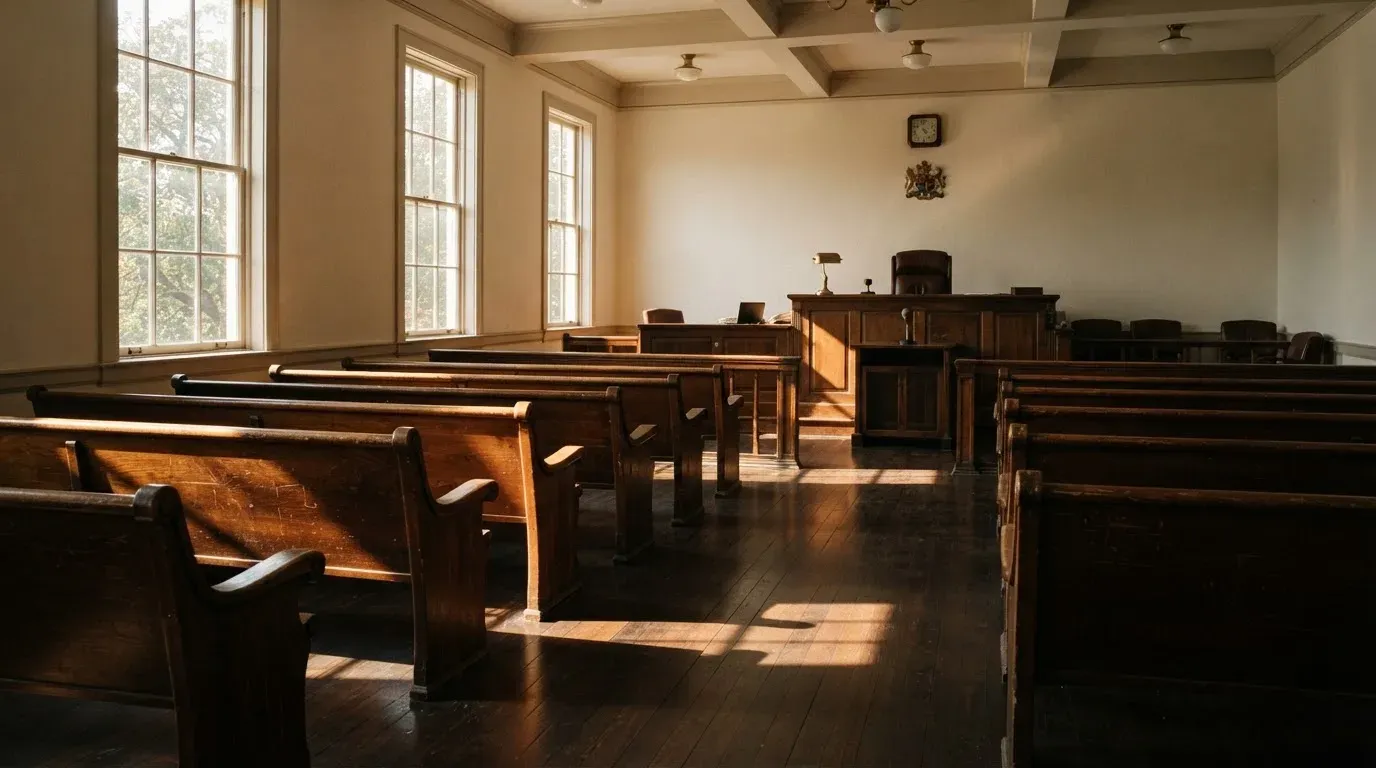 An empty courtroom with wooden benches in morning light