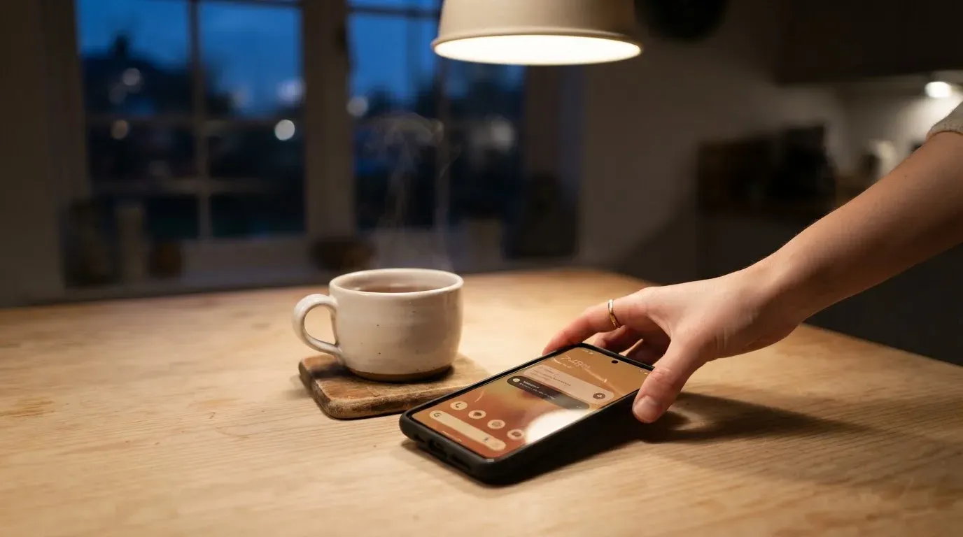 A hand setting a smartphone down beside a cup of tea on a kitchen table on a quiet evening