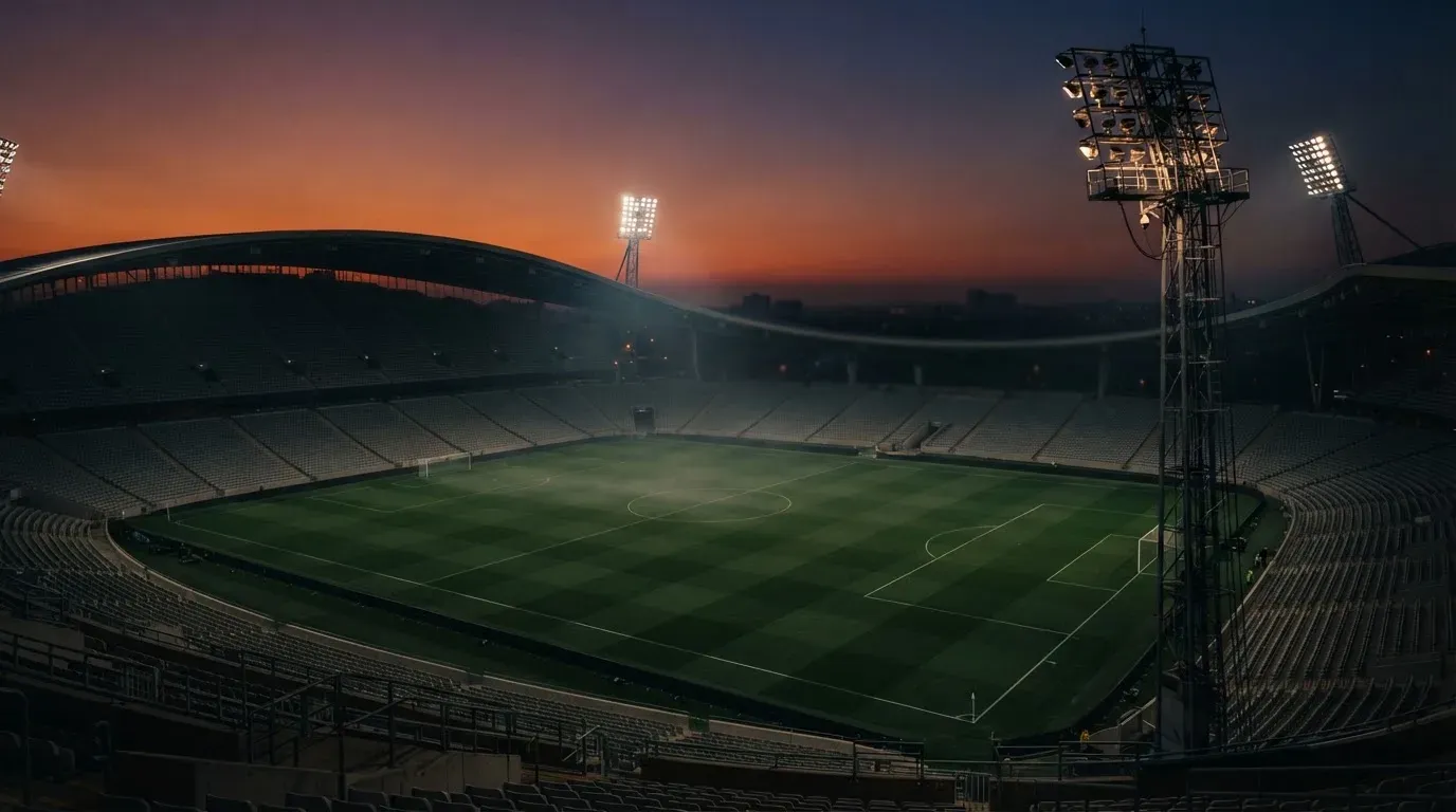 An empty football stadium with floodlight masts at dusk