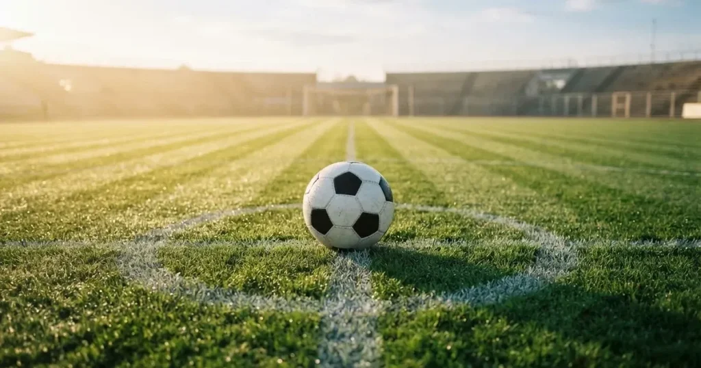A ball on the centre spot of a grass pitch in morning light