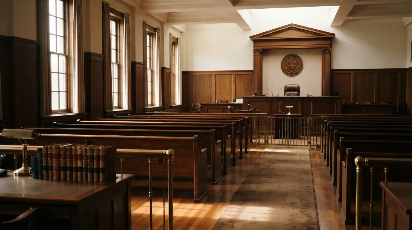 An empty courtroom with wooden benches in morning light