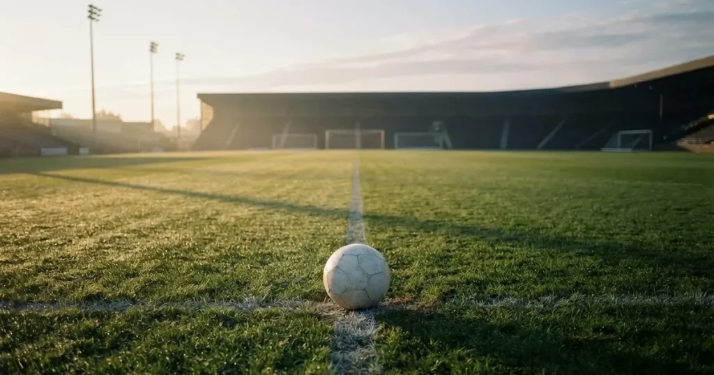 A ball on the centre spot of a grass pitch in morning light