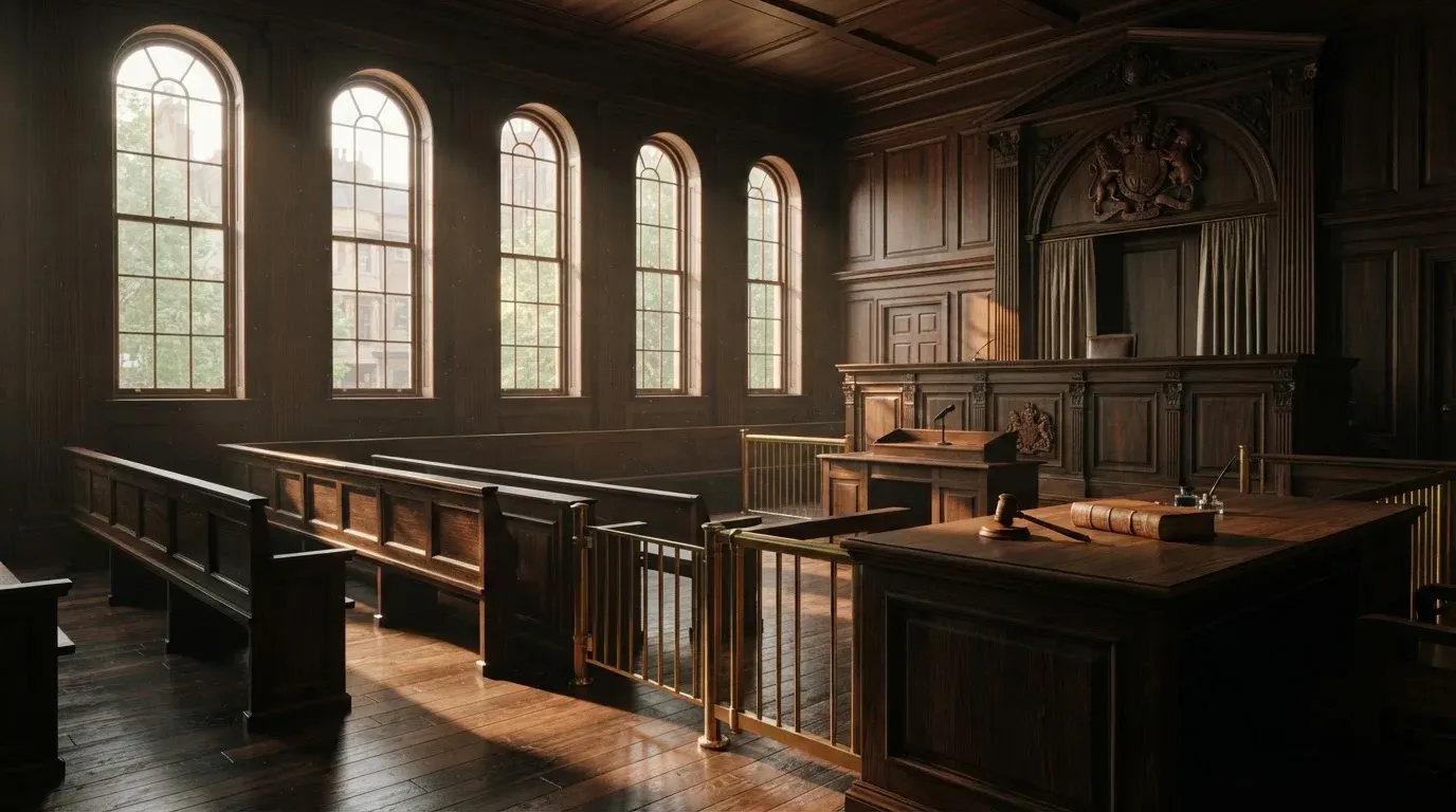 An empty courtroom with wooden benches in morning light