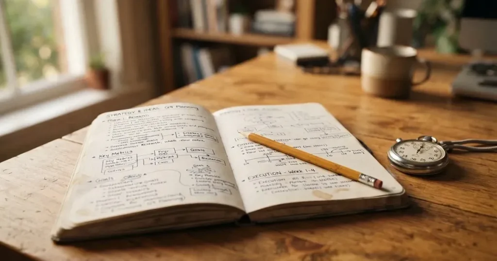 An open notebook with a pencil and a stopwatch on a wooden table