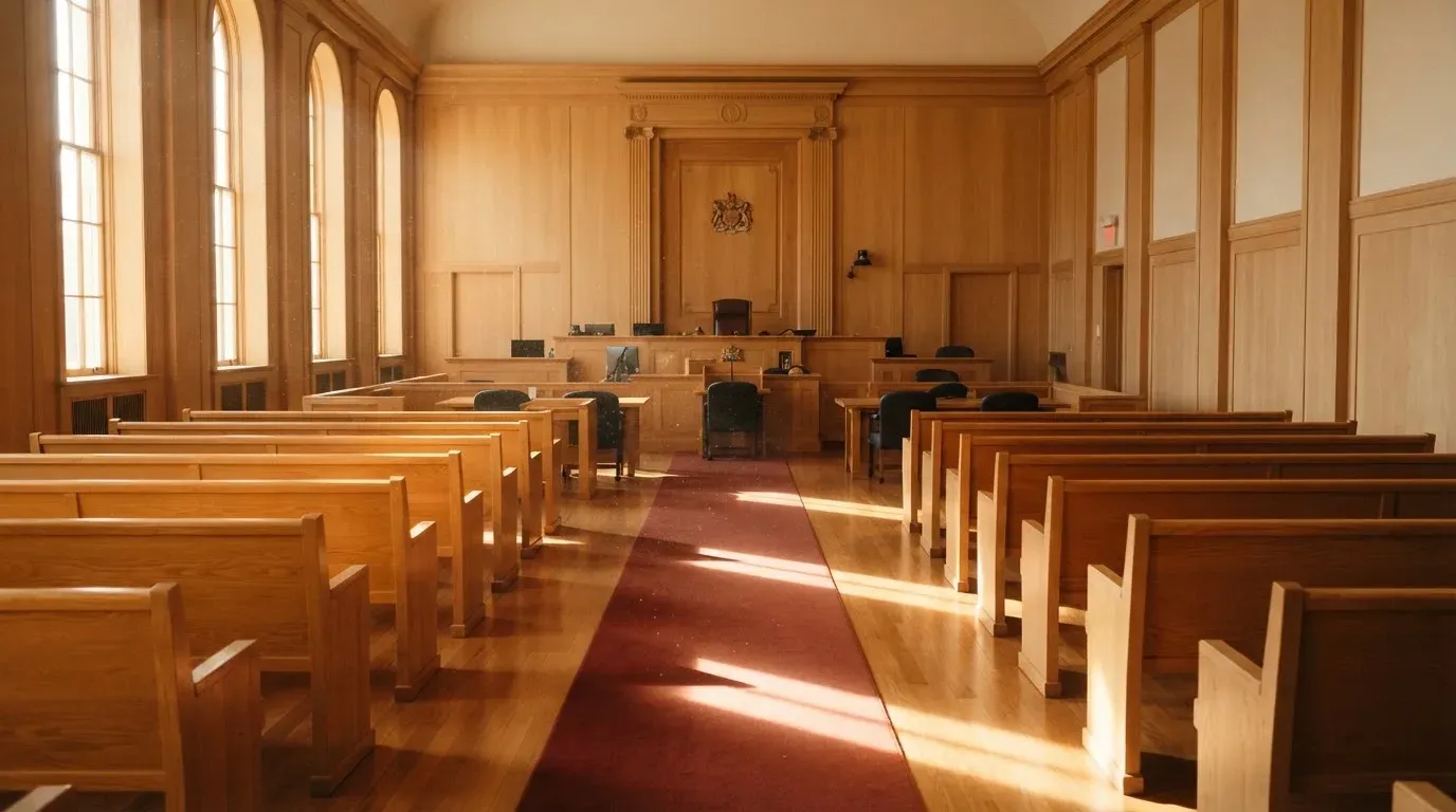 An empty courtroom with wooden benches in morning light