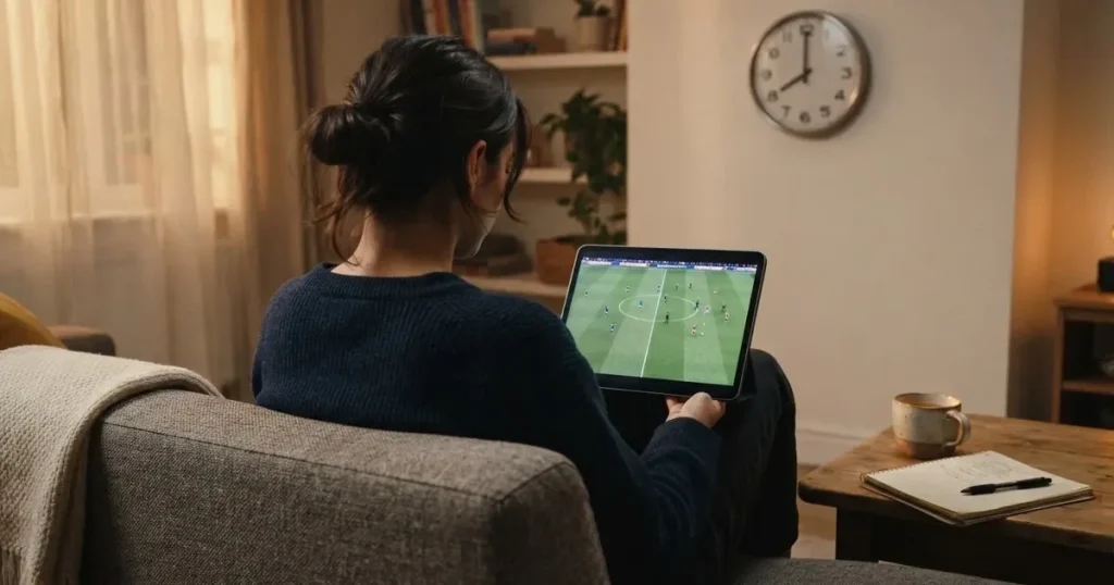 A person on a sofa looking thoughtfully at a tablet, a wall clock in the background