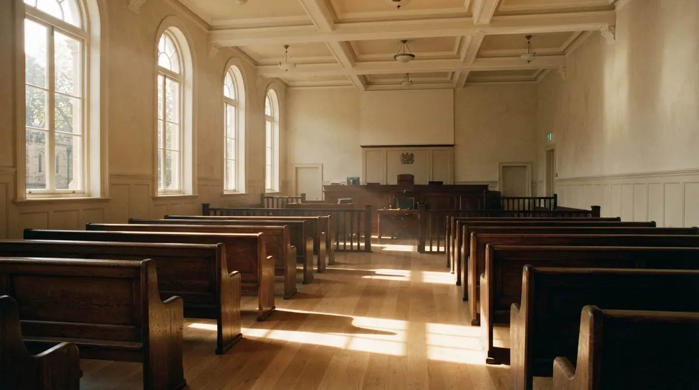 An empty courtroom with wooden benches in morning light