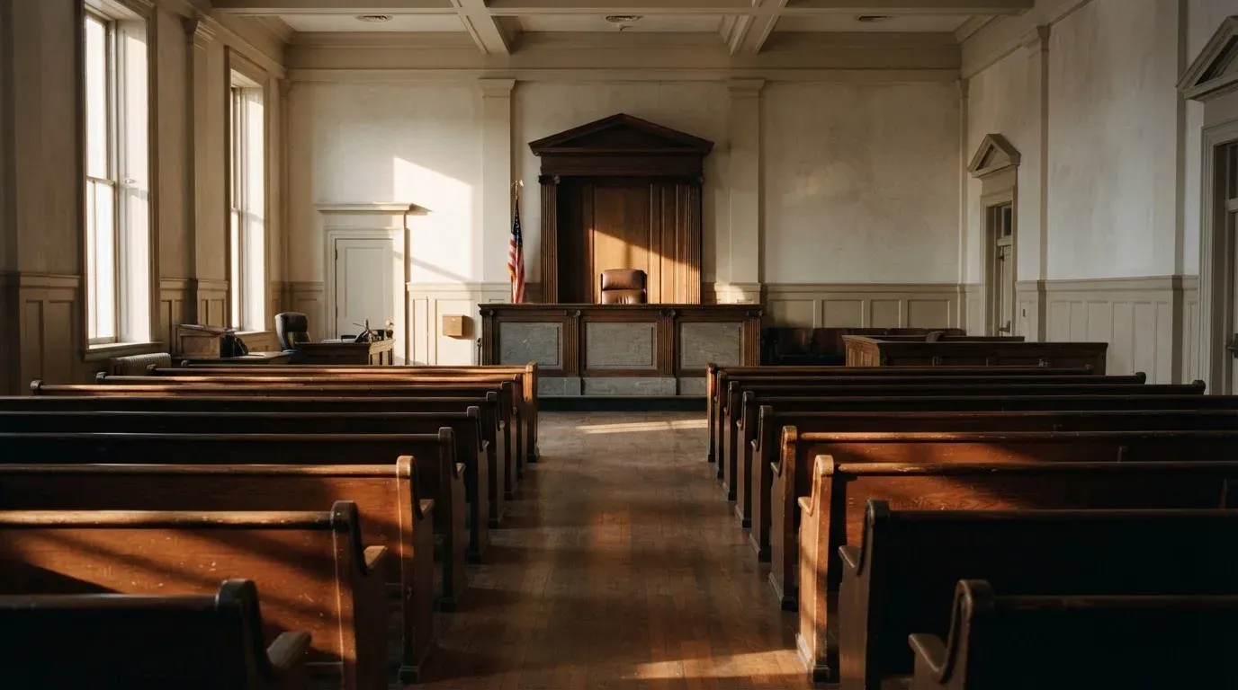 An empty courtroom with wooden benches in morning light