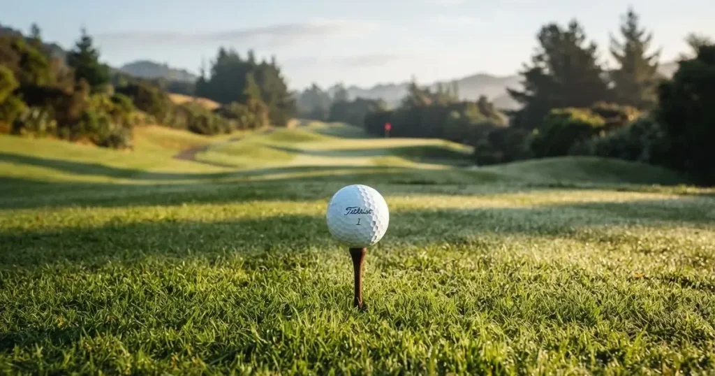 A ball on the centre spot of a grass pitch in morning light
