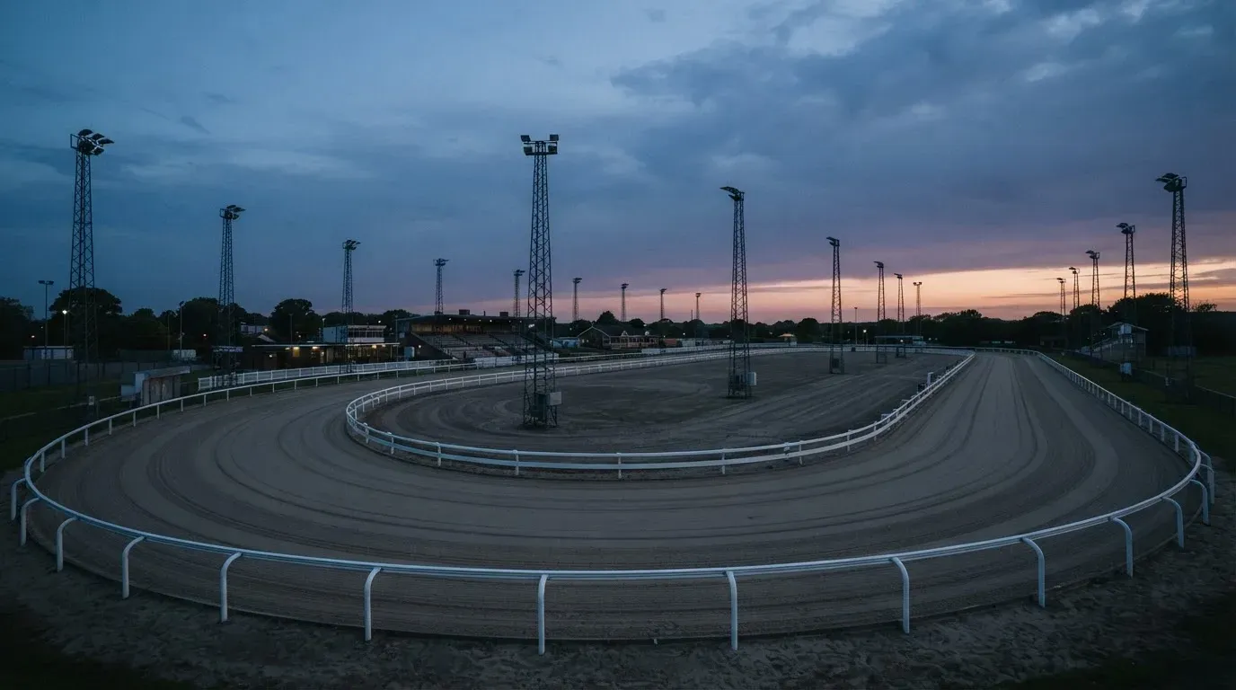 An empty football stadium with floodlight masts at dusk